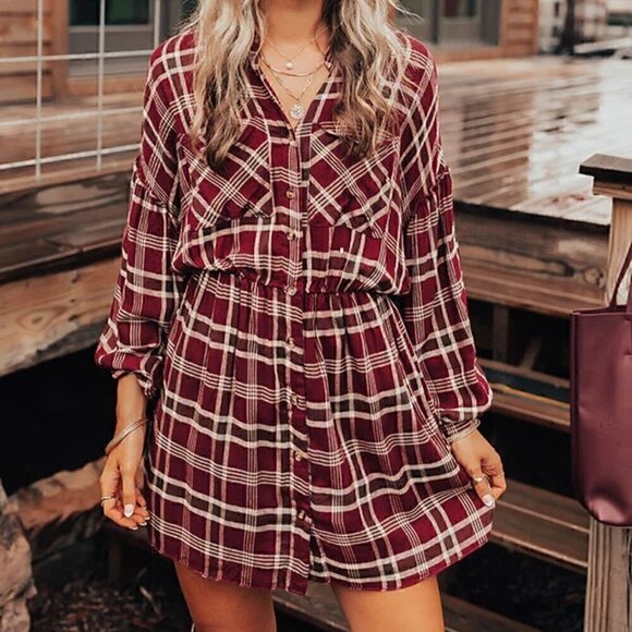 NWOT Plaid Mini Shirt Dress Elastic Waist Button Down Relaxed Style - Picture 1 of 10
